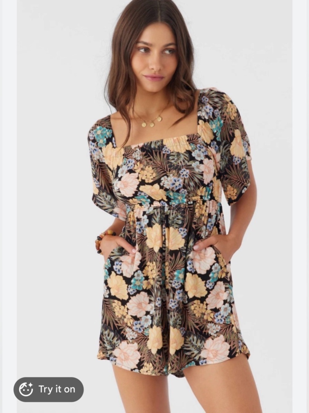 O'Neill Black Floral Summer Romper with Pastel Blooms M